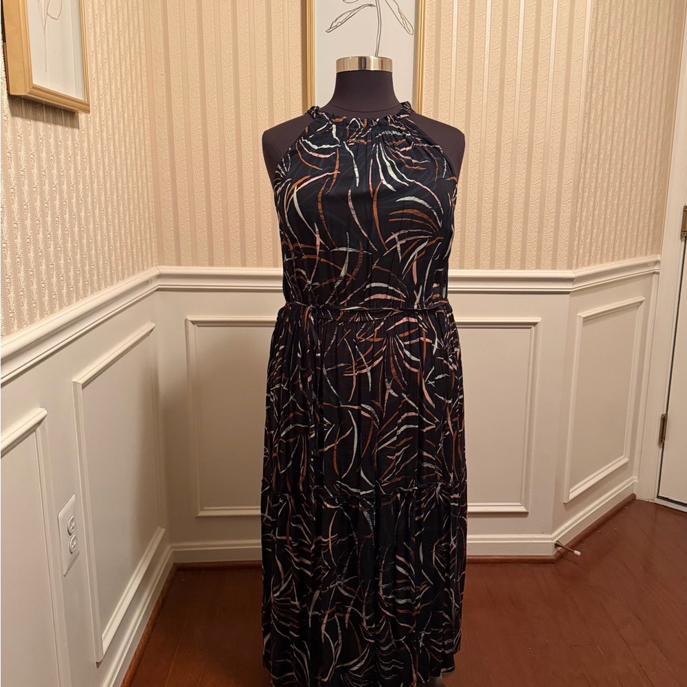 Ava & Viv Black Maxi Dress with Abstract Copper and White Print
